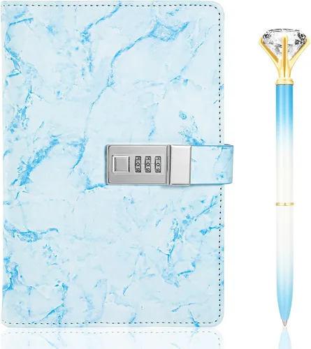 Zonon Diario con candado para niñas, de piel sintética de mármol, A5, combinación con bolígrafo de diamante, regalos de regreso a clases, Azul