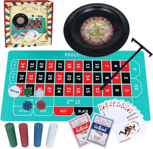 GOTHINK Juego de Ruleta, incluye rueda de apuestas de 10 pulgadas, 200 fichas, rastrillo, 2 bolas y póker Texas Hold'em, perfecto para fiestas y
