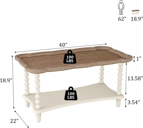 Miniatura 2 de Function Home - Mesa de centro de granja, mesa rústica blanca de estilo francés con estante de almacenamiento, mesas de centro de madera para sala