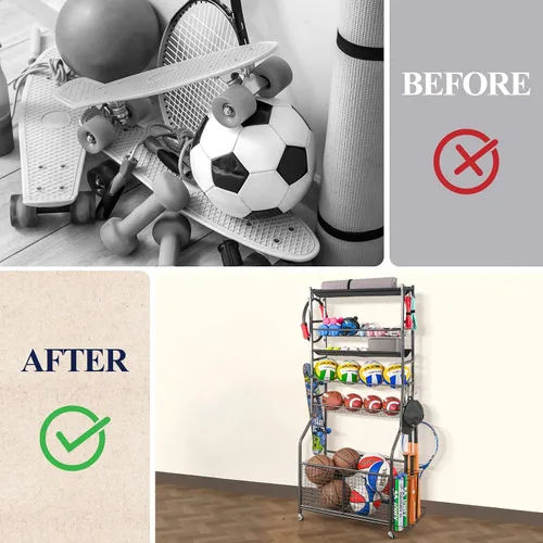 Miniatura 6 de Mythinglogic Organizador de garaje para equipos deportivos, almacenamiento de bolas de garaje para equipo deportivo y juguetes, carrito de bolas