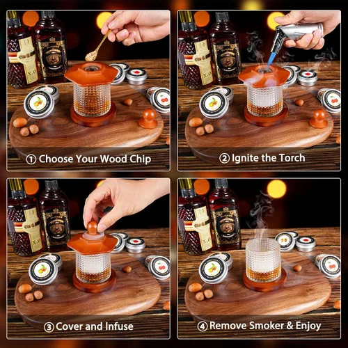 Miniatura 4 de Kit de ahumador de whisky con antorcha - chips de madera de 6 sabores, 2 vasos de whisky giratorios, 2 moldes de bolas de hielo - kit infusor