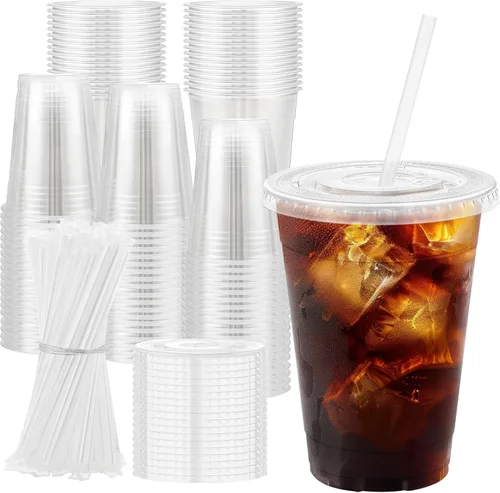Clawsoff 16 onzas 100 unidades de vasos de plástico con tapas y sorbetes, vasos de café helado transparentes resistentes y aptos para alimentos,