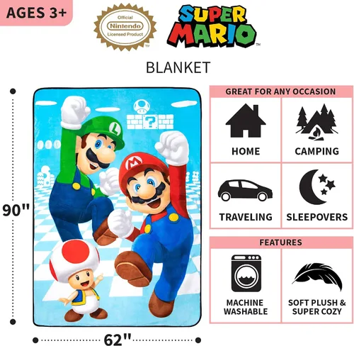 Miniatura 3 de Franco Ropa de Cama para Niños Manta de Felpa Súper Suave Micro Raschel, 62 in x 90 in, Mario