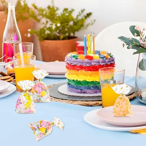 Miniatura 7 de 100 bolsas de celofán, bolsas de celofán transparente impresas con estrellas doradas de 3 x 5 pulgadas, 100 lazos giratorios, para envolver regalos