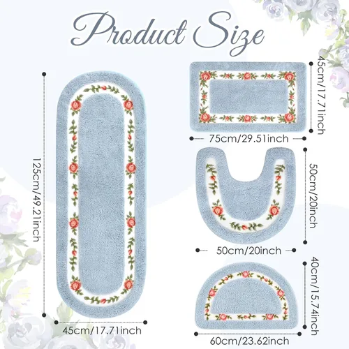Miniatura 2 de Timgle Juego de 4 alfombras de baño con diseño de coqueta de rosas y flores, antideslizantes, absorbentes, lavables, tapete de baño floral