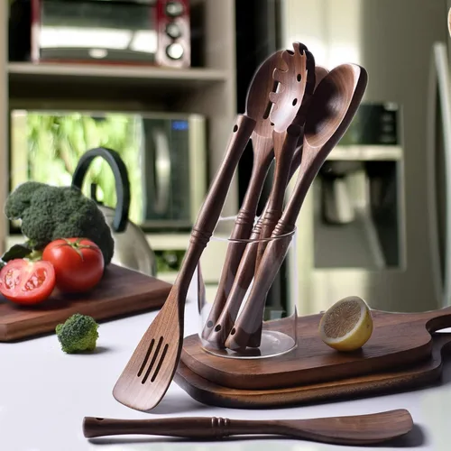 Miniatura 5 de Gudamaye Utensilios de madera de nogal negro de 12 pulgadas, juego de 6 cucharas para manualidades para cocinar