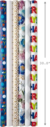 Miniatura 3 de Hallmark Rollos de papel de regalo de cumpleaños para graduación, boda, baby shower, despedida de soltera, papel de regalo floral, blanco y dorado