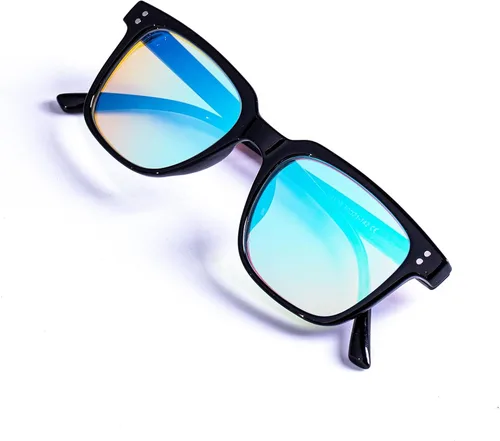 Miniatura 2 de Lentes daltónicos para daltonismo rojo/verde, modelo 3D, montura negra con lentes espejadas azules