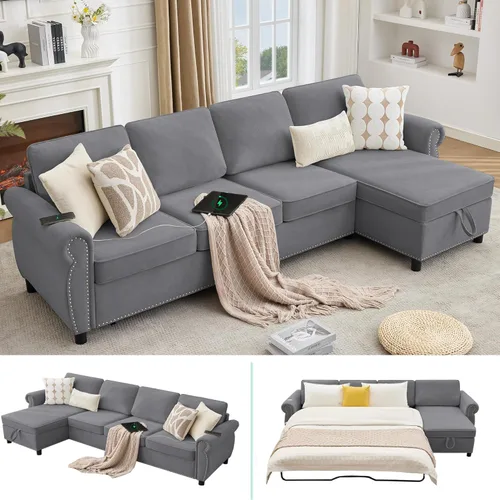 Miniatura 11 de 106" L Shaped Pull Out Sofa Bed, Modern Modular 4 Seater Storage Couch, 2-in-1 Sleeper Sofa Bed with Reversible Chaise and Wireless&USB Ports