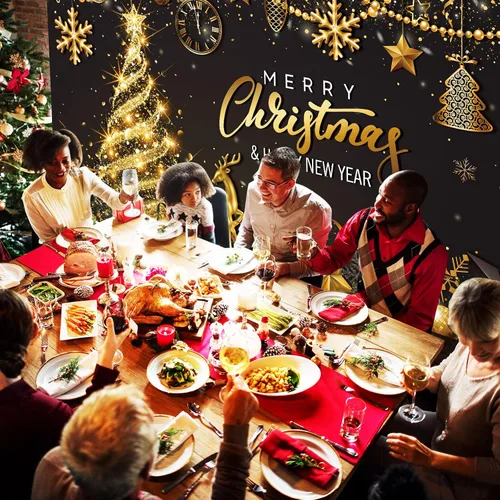 Miniatura 7 de Tiamon Telón de Fondo Banner de Fiesta Feliz Navidad para Decoración de Fiesta de Navidad y Año Nuevo (Azul Dorado, 72.8 x 43.3 Pulgadas)