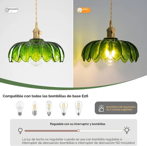 Miniatura 5 de Lámpara colgante enchufable, luces colgantes con cable enchufable, lámpara colgante con vidrio verde, iluminación colgante E26 para isla de cocina