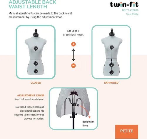 Miniatura 7 de Dritz Forma de Vestido Ajustable Twin-Fit Petite, Tallas US 00–4, Maniquí de Costura Femenino con Torso Corporal Pinnable, 13 Diales para Ajuste
