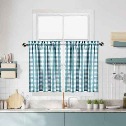 Miniatura 32 de Cortinas de Cocina Estilo Granja de Cuadros Vichy Blanco y Negro de 24 Pulgadas de Largo, Cortinas de Café de Media Ventana de Cuadros Buffalo