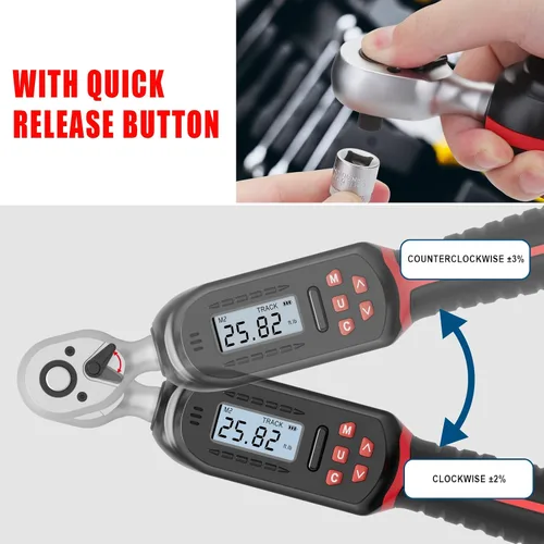 Miniatura 5 de VANPO Llave dinamométrica digital de 3/8 pulgadas con valores preestablecidos, 2.2-44.3 libras-pie/3-60 Nm, notificación de zumbador y LED, llave