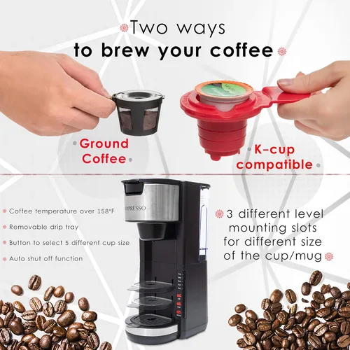 Miniatura 7 de Mixpresso - Cafetera negra para una porción, compatible con cápsulas K-Cup y café molido, cafetera compacta de 30 oz con 5 tamaños de preparación
