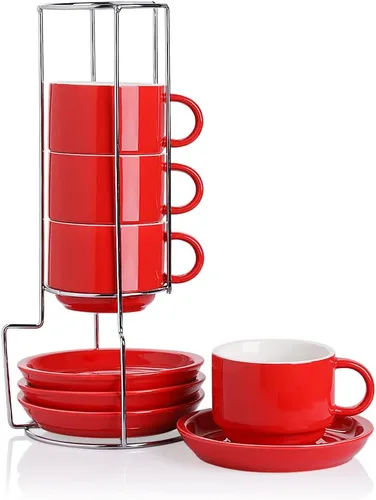 Miniatura 17 de Sweejar - Tazas de café de porcelana con platillos, tazas de capuchino apilables de 4 onzas con soporte de metal para bebidas de café, café