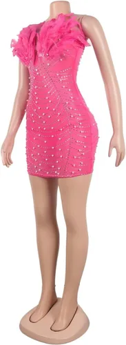 Miniatura 3 de Aro Lora Vestido sexy para mujer, sin tirantes, con plumas, con diamantes de imitación, de malla transparente