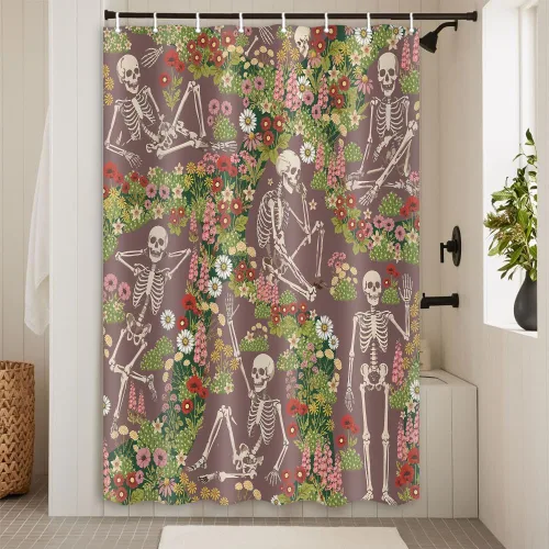 Miniatura 7 de Divertida cortina de ducha de esqueleto de calavera rosa, para Halloween, gótica, rosa, rojo, rosa, floral, vino tinto, terror, terror, cortina