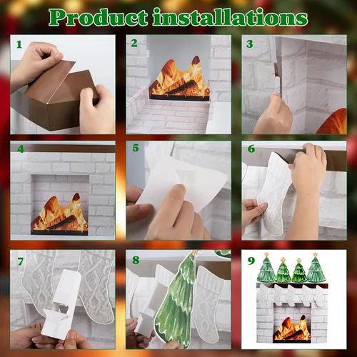 Miniatura 3 de Chimenea de cartón de Navidad para chimenea, chimenea falsa con calcetín 3D para decoración de fondo de fiesta de Navidad, 27 x 23 x 3.5 pulgadas