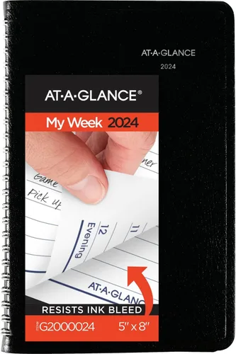 AT-A-GLANCE Agenda semanal 2024 DayMinder, 5 x 8 pulgadas, pequeño, encuadernado en espiral, negro (G2000024)