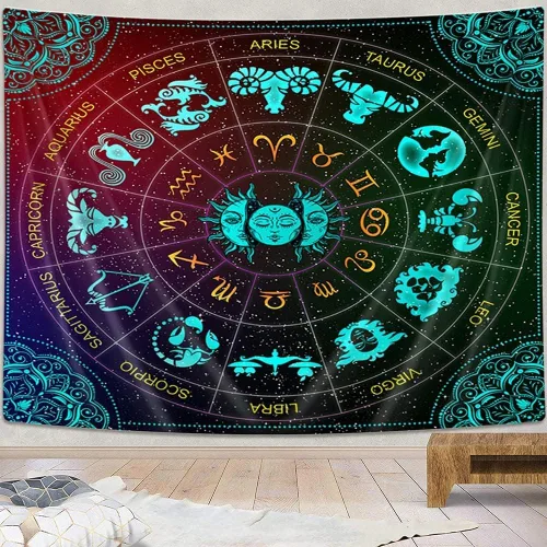 Miniatura 2 de VeiVian Tapiz de pared de astrología del zodiaco, constelación de sol y luna, arte de luz negra, mandala trippy bohemio para dormitorio, sala