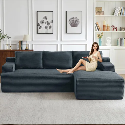 Miniatura 46 de Sofá seccional modular de 96", sofá en forma de L tipo nube sin estructura con chaise lounge, tapizado de pana con asiento profundo de espuma Negro