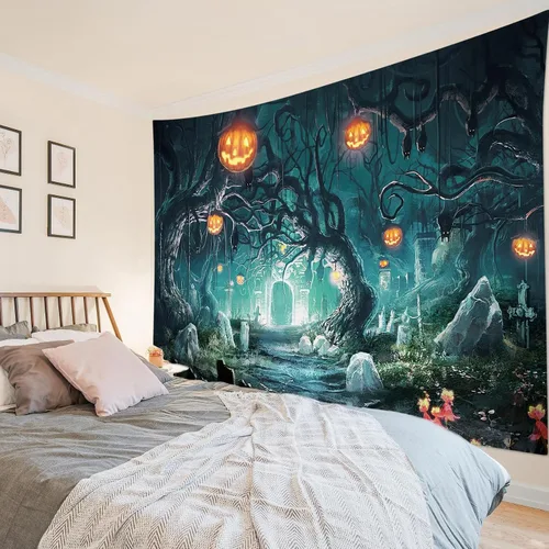 Miniatura 44 de HVEST Tapiz de Halloween de luna llena, lápida de cuervo negro, árbol muerto, tapiz para dormitorio, cementerio gris aterrador, bosque, decoración