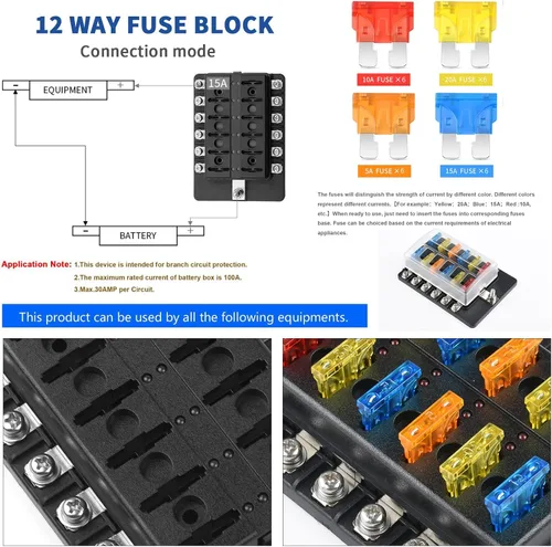 Miniatura 3 de Cuchilla de caja de fusibles de 12 vías de 12 V, caja de fusibles de 12 V con indicador LED, cubierta de humedad y polvo, soporte de caja