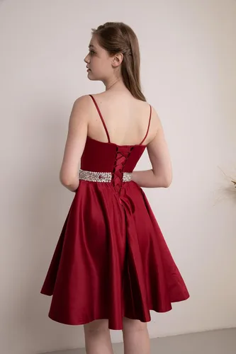 Miniatura 2 de Vestidos cortos de satén para baile de graduación, con tirantes delgados, vestidos de regreso a casa, cuello en V, con cuentas, vestidos de fiesta