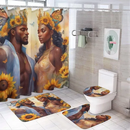 Miniatura 2 de Juego de alfombras de baño ultrasuaves de 3 piezas antideslizantes, tapetes de baño para parejas afroamericanas, juego de baño con alfombras