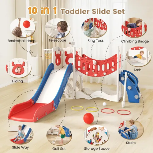 Miniatura 2 de Tobogán para niños, juego 10 en 1 para niños pequeños, nueva actualización con tobogán para niños, tabla de dibujo, juego de golf, aro de baloncesto
