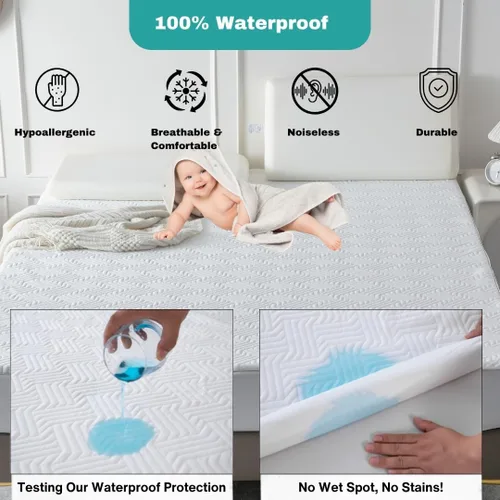 Miniatura 4 de Protector de colchón impermeable de 5 lados, viscosa de bambú suave, refrescante y transpirable, bolsillo profundo para camas de hasta 18 pulgadas