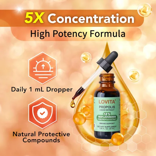Miniatura 4 de LOVITA Paquete económico de 10 botellas, extracto líquido de propóleo de abeja de 500 mg, gotas de resina 5:1 con 18% de bioflavonoides