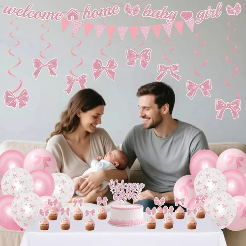 Miniatura 7 de Decoraciones de bienvenida a casa para bebé, 42 unidades, lazo rosa, decoración de baby shower, remolinos colgantes, decoración de tartas grandes