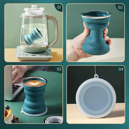 Miniatura 5 de Taza plegable de silicona portátil con cordón, tazas plegables resistentes al calor de 10.8fl oz con tapa, taza de viaje plegable para beber, taza
