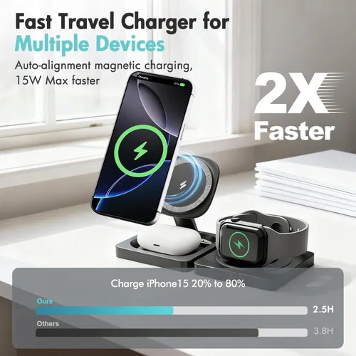 Miniatura 3 de Cargador inalámbrico magnético para iPhone: 3 en 1 para viajes 15W almohadilla de carga rápida plegable para iPhone 17 16e 16 15 14 13 12 Pro Max