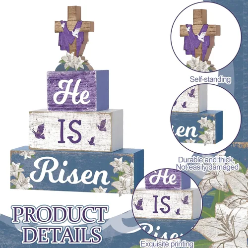 Miniatura 3 de 4 piezas de decoración de mesa de Pascua con texto en inglés "He Is Risen" de madera religiosa, centro de mesa de madera religiosa, bloques de cruz