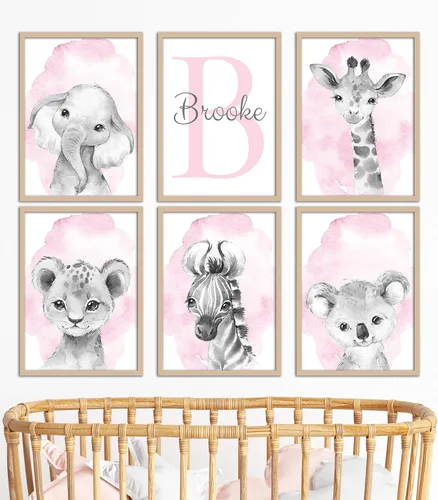 Miniatura 9 de Juego de 3 pósteres de animales de safari para niñas, habitación del bebé, sin marco, con nombre personalizado, flores rosas o moradas, decoración