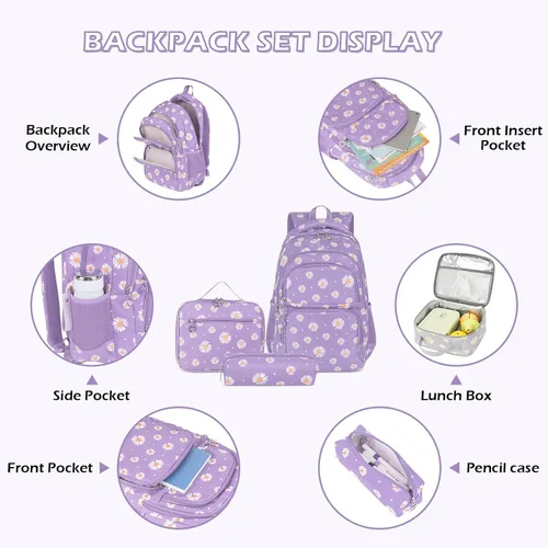 Miniatura 27 de goldwheat Mochilas impresas margaritas con paquete de almuerzo, estuche de lápices 3pcs, bolsa ligera resistente al agua para la escuela secundaria