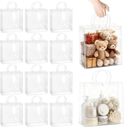 Miniatura 13 de BadenBach 16 bolsas de regalo transparentes con asas, 9.8 x 9.8 x 3.5 pulgadas, bolsa de plástico transparente para fiesta, bolsa de regalo