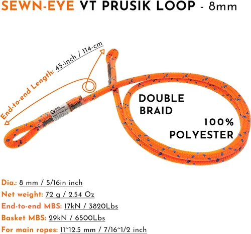 Miniatura 2 de GM CLIMBING 8mm (5/16") Prusik Swen Ojo a Ojo Precosido 30 pulgadas / 45 pulgadas Naranja-45 pulgadas