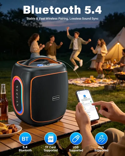 Miniatura 7 de Altavoz Bluetooth de 120 W, altavoz para exteriores de 6.5 pulgadas con graves súper profundos, 18000 mAh 30H, BT5.4, IP65 impermeable, luces RGB