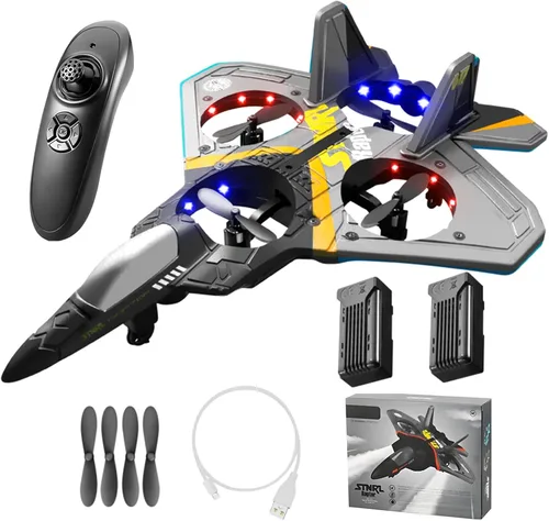 Avión de control remoto V17 RC, aviones RC de combate para niños y adultos de 8 a 16 años, aviones de control remoto con luz LED, 2 baterías, giro