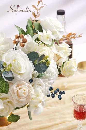 Miniatura 5 de Serwalin 2 Piezas Flores Artificiales Blancas Rosas Falsas Flores de Espuma de Seda Juego de Caja para Manualidades DIY Ramos de Pastel de Boda Un
