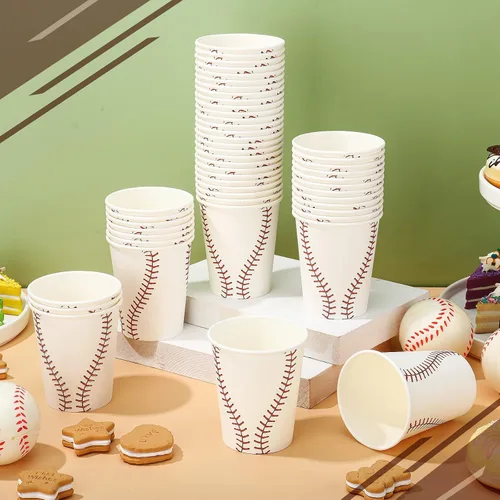 Miniatura 5 de Teling 100 piezas de suministros de fiesta de béisbol, vasos de papel desechables de 9 onzas para deportes, decoraciones de fiesta de béisbol, vasos