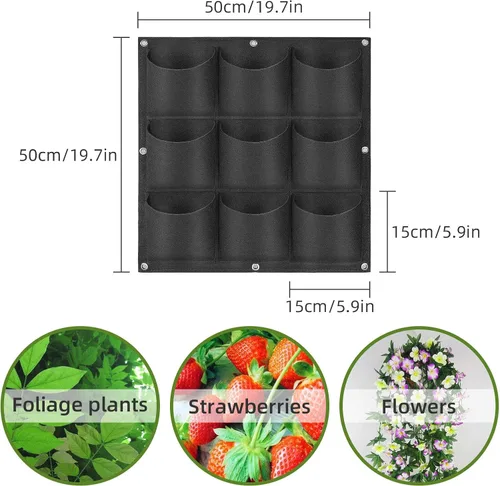 Miniatura 3 de Bolsas de cultivo colgantes para plantar, 9 bolsillos para colgar en la pared, bolsa de cultivo vertical para jardín interior y exterior, contenedor