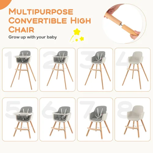 Miniatura 2 de BABY JOY Trona convertible para bebé, 3 en 1, silla alta/elevado/asiento de madera con bandeja extraíble, patas ajustables, arnés de 5 puntos, cojín