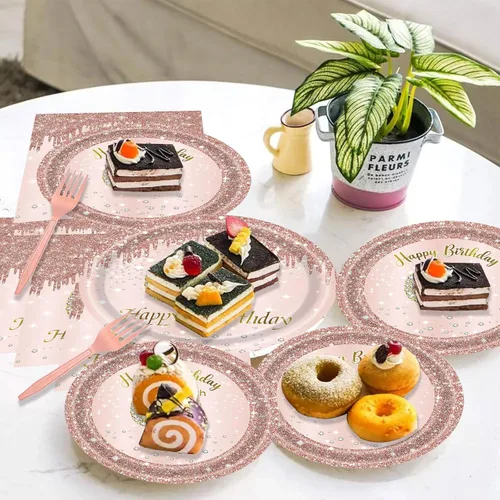 Miniatura 6 de 24 juegos de decoración de fiesta de cumpleaños de oro rosa para mujeres, platos y servilletas para el 80 cumpleaños, tenedores, suministros