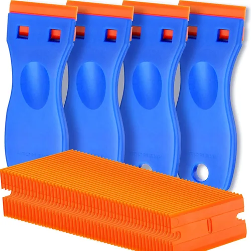4 piezas raspador de cuchilla de afeitar de plástico y 100 piezas cuchillas, herramienta para quitar etiquetas y calcomanías, raspador de cuchilla