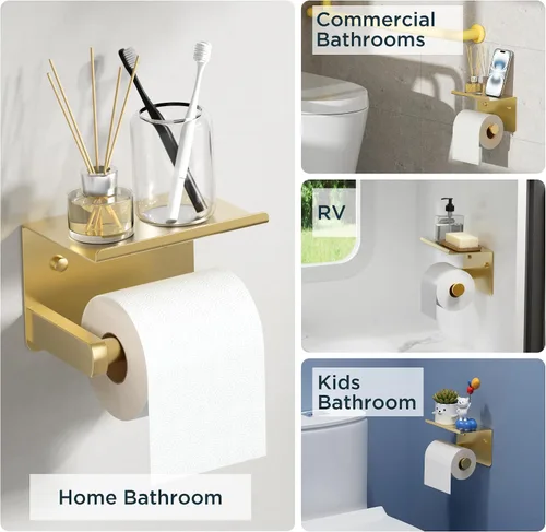 Miniatura 7 de Portarrollos de papel higiénico con estante, montaje en pared adhesivo o con tornillos, portarrollos de papel higiénico para baño, dispensador